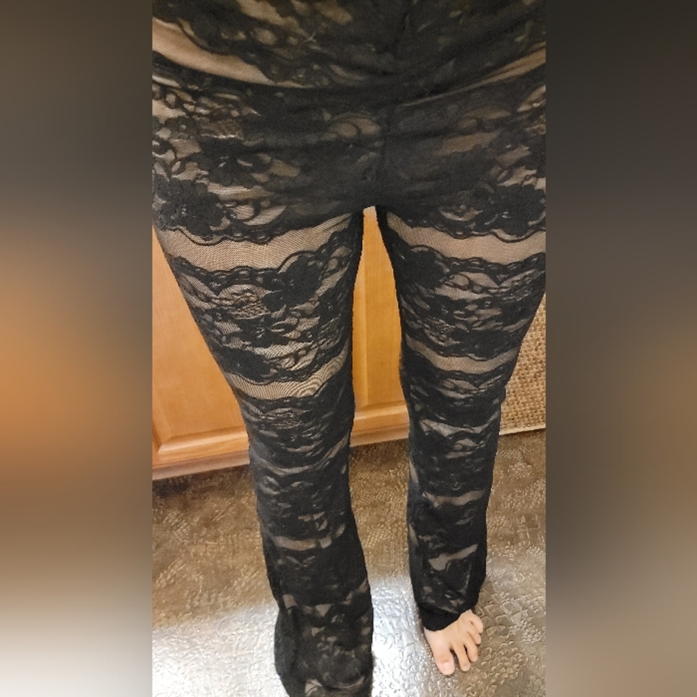 Sexy Black stretch lace pants with nude lining